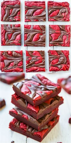 red velvet brownies are stacked on top of each other