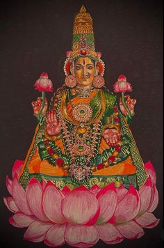 a painting of a buddha sitting on top of a pink flower in front of a black background