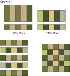 four different shades of green and brown with the text option 1, 3 per block 2 per block