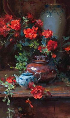 a painting of red flowers and a tea pot