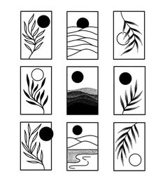 six black and white images with different shapes, lines, and plants in them on a white background