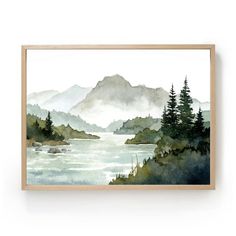 a watercolor painting with mountains and trees in the background, on a white wall