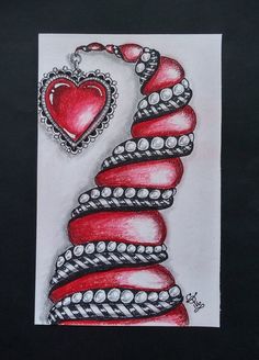 a drawing of a red and black necklace with a heart on it