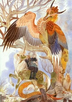 a painting of two birds sitting on the back of a horse and another bird standing next to it