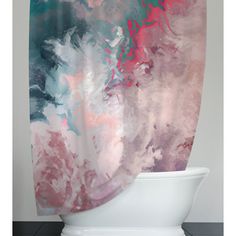 a shower curtain with an abstract painting on it's side, in front of a white toilet