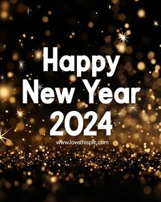 a happy new year card with sparkling lights and sparkles in the background, on a black