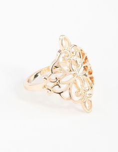 Make a statement in a stunning fashion ring. Stack with other styles for extra impact or wear alone for a refined addition to your ensemble. This ring features a filigree design in a gold tone. Material: Gold Plated Weight: 6.0g | Lovisa Gold Filigree Ring, Size: Small/Medium Filigree Ring Gold, Stunning Fashion, Fashion Jewellery Online, Bold Earrings, Ring Stack, Filigree Design, Gold Filigree, Filigree Ring, Fashion Ring