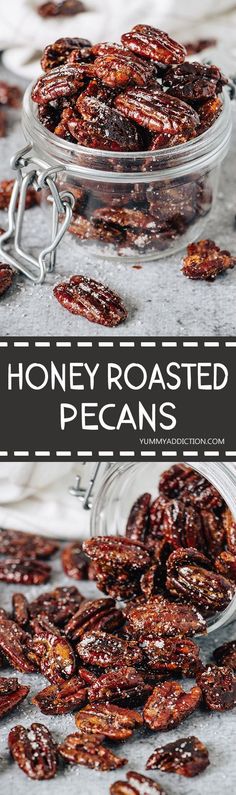 honey roasted pecans in a glass jar with text overlay