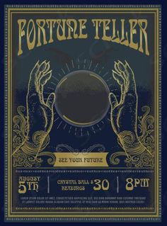 a poster with two hands holding an object in front of the text, fortune teller see your future