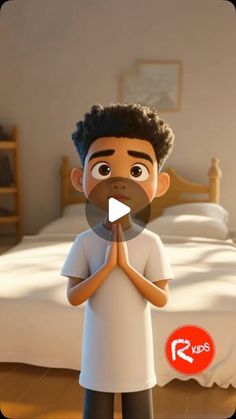 a cartoon boy standing in front of a bed with his hands folded up to pray