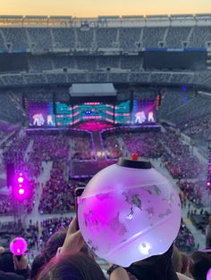 a large crowd at a concert with people in the stands and one person holding up a plastic globe