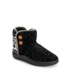 Keep warm and cozy with MUK LUKS Women's Chenille Booties. Slip into comfort with the soft faux shearling lining and chenille knit. Show your style with the patterned back and button embellishments. The durable slip-resistant sole makes it easy to transition from indoor into outdoor. This bootie will become a go-to on those cold fall and winter days or nights. Comes in Women's sizes small (5/6), medium (7/8), large (9/10) and extra-large (11/12). Available in classic black color. Size: 9-10.  Ge Button Embellishments, Sweater Boots, Western Cowboy Boots, Winter Days, Cozy Sweaters, Cowgirl Boots, Fall And Winter, Keep Warm, Womens Slippers