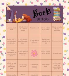 the book bingo game is shown with flowers and books on it's sides, as well as an image of a woman laying down