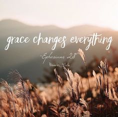 the words grace changes everything are written in white on top of some tall brown grass