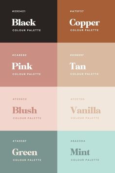 four different color palettes with the words pink and green