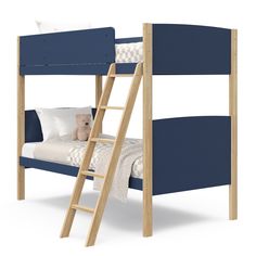 a blue bunk bed with a wooden ladder next to it and a teddy bear on the bottom