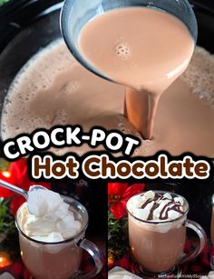 there are three pictures of crock pot hot chocolate