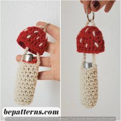 two pictures of a crocheted keychain with a red mushroom on it