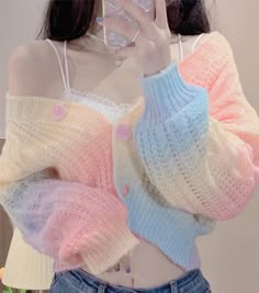 Pastel Rainbow Cropped Sweater Cardigan One Size Bust: 90cm Length: 39cm Sleeve: 57cm Pastel Colored Clothes, Cute Pastel Sweaters, Rainbow Aesthetic Fashion, Pastel Rainbow Cardigan, Pastel Rainbow Outfit Aesthetic, Pastel Crochet Clothes, Cottagecore Pastel Outfit, Pastel Feminine Outfits, Comfy Pastel Outfits