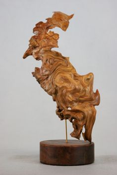 the sculpture is made out of wood and has an animal on it's back