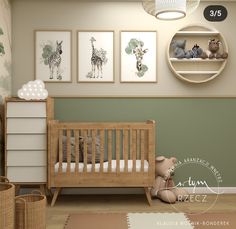 a baby's room with green walls and pictures on the wall