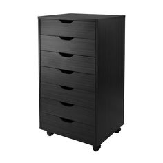 a black dresser with five drawers on wheels