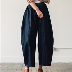 Searching For These Pants In Black Or Denim Black Denim Straight Pants, Black Denim Wide Leg Pants With Pockets, Fitted Indigo Bottoms With Tapered Leg, Chic Baggy Dark Wash Bottoms, Dark Wash Wide Leg Cropped Pants With Relaxed Fit, Dark Wash Cotton Trousers, Indigo High Waist Bottoms With Pockets, Casual Linen Cropped Leg Jeans, Indigo Wide Leg Pants With Elastic Waistband