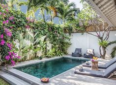 an outdoor swimming pool with lounge chairs and trees in the back ground, surrounded by greenery