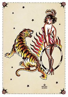 a drawing of a woman with a tiger on her back and stars in the background