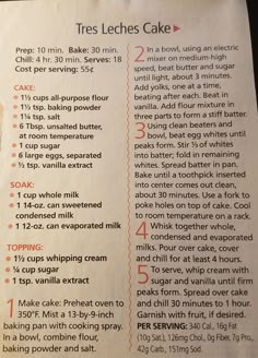 a recipe for tres leches cake with instructions on the top and bottom page in english