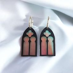 Mini Gothic Cathedral Window Earrings.  Made using frosted iridescent acrylic and matte black acrylic. The iridescent acrylic changes colour depending on angle. These are the mini version of these https://cherrymoonlightco.etsy.com/listing/1726466368 1.3 inches height. Iridescent Acrylic, Church Window, Cathedral Window, Arch Earrings, Gothic Cathedral, Cathedral Windows, Gothic Earrings, Earrings Dainty, Black Acrylic