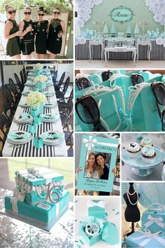 a collage of photos with blue and white decor on it, including cakes, cupcakes, sunglasses, and other items