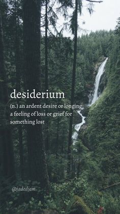 a waterfall surrounded by trees with the words desiderrum on it