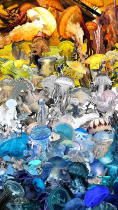 an abstract painting with many different types of glass and metal objects in it's center