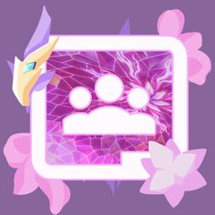 an image of a pink and purple background with flowers on the left side, and a white frame in the middle