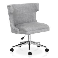 Right angled light gray and chrome wingback office chair on a white background Tufted Office Chair, Contemporary Office Chairs, Adjustable Office Chair, Office Color, Swivel Chair Desk, Office Chair Cushion, Modern Office Chair, Swivel Office Chair, Office Desk Chair