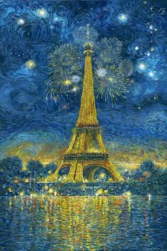 the eiffel tower is lit up with fireworks