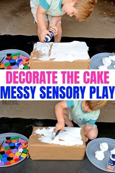 a young boy is making a cake with white frosting