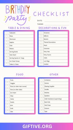 the birthday party checklist is shown in pink, blue and purple with text on it