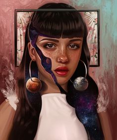 a digital painting of a woman with space on her face and earring rings, looking at the camera