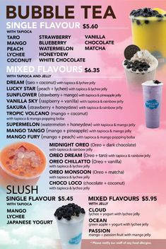 a menu for bubble tea with different flavors