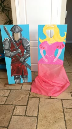 two paintings of knight and princess sitting on the floor next to each other, one painted with acrylic