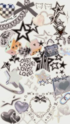 many different types of stickers on a white background with the words love and stars