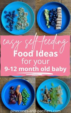 four plates with different foods on them and the words easy feeding food ideas for your 9 - 12 month old baby