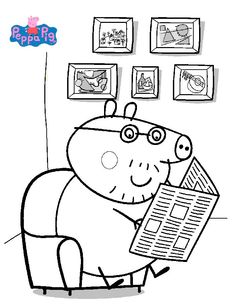 peppo pig reading a newspaper while sitting in a chair with pictures on the wall behind him