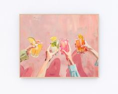 three people holding up drinks in front of a pink painting on the wall with white walls