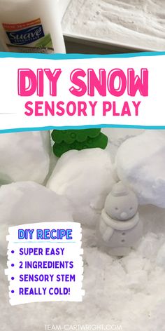 Main Text: DIY Snow Sensory Play
Small Box: DIY Recipe- Super Easy, 2 Ingredients, Sensory STEM, Really Cold!
Top Picture: Close up of the sensory snow and bottle of conditioner, one of the ingredients
Bottom Picture: Close up of the snow in a sensory bin, big snowballs and a snowman Snow Facts For Preschoolers, Snow Classroom Activities, Winter Games For Preschoolers, Holiday Sensory Activities, Snow Stem Activities For Kids, Fake Snow Sensory Bin, Winter Stem Activities Preschool, Winter Gross Motor Activities Preschool, Snowman Activities Preschool