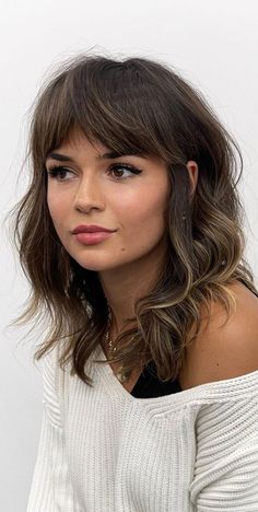 Medium Layered Haircuts For Thick Hair Shaggy Hairstyles, Soft Haircuts For Women, Chic Bangs Hair, Two Color Hair With Bangs, Medium Length Hair With Bangs 2023, A Line Long Bob With Bangs, Medium Length Haircut With Bangs 2023, Partial Balayage With Bangs, Cute Mid Length Hairstyles With Bangs