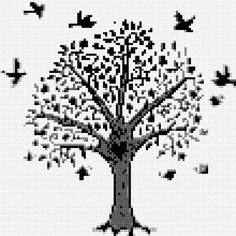 a cross stitch pattern of a tree with birds flying in the sky above it,