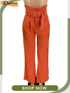 Women Spring Orange Wide Leg Pants High Waist Solid Belted Full Length Loose Pants Orange Wide Leg Pants, Spring Orange, Loose Pants, High Waisted Pants, Fashion Games, Leg Pants, Wide Leg Pants, Full Length, High Waist